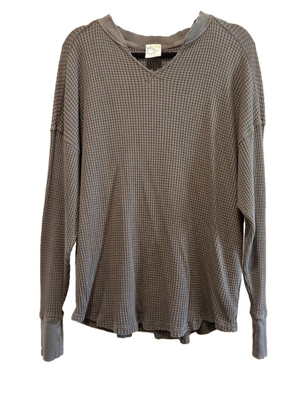 Aerie Gray Waffle-Knit Henley V-Neck Long Sleeve Pullover Cotton Sweater Top XL